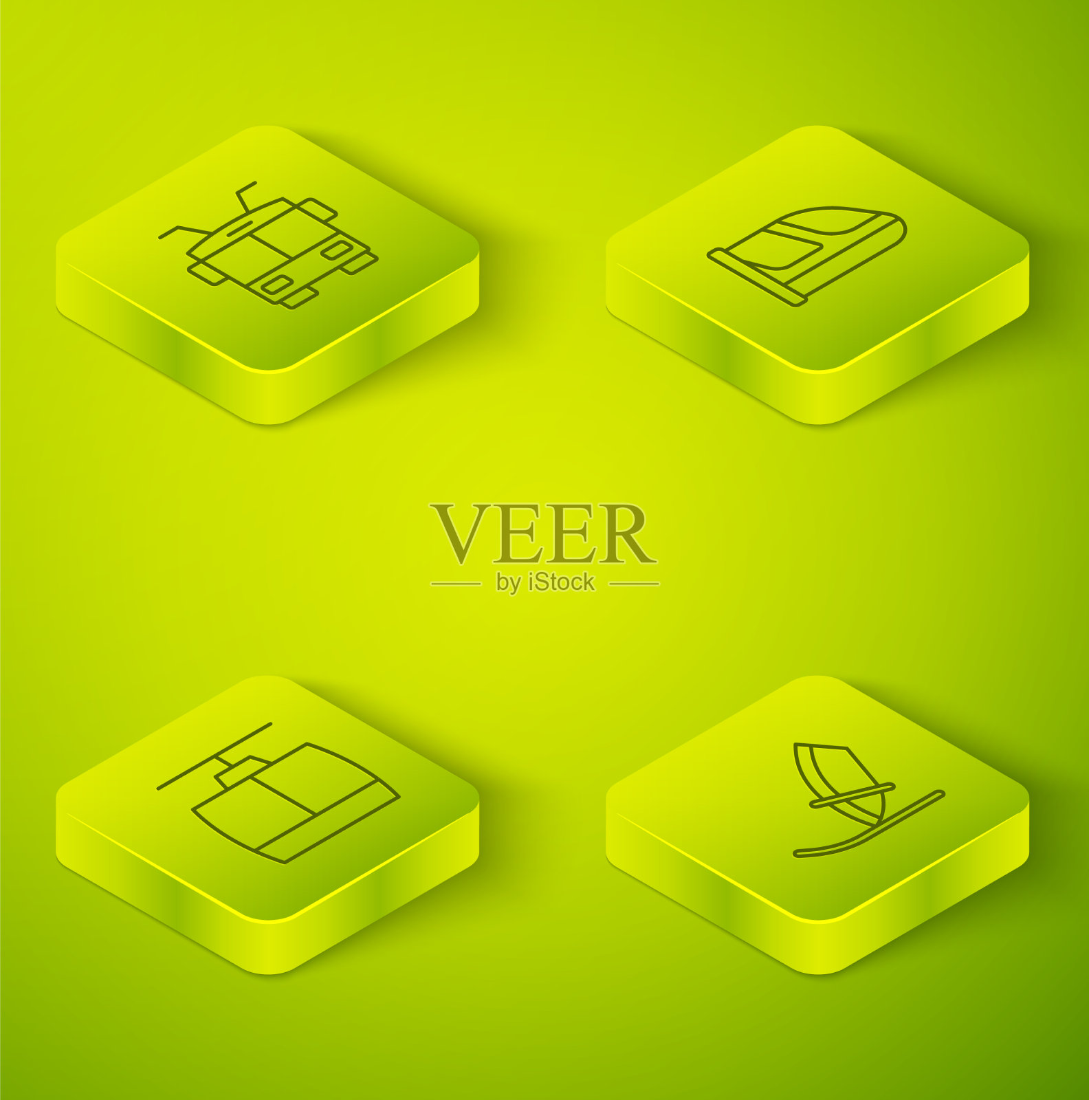 设置等距线列车和铁路索道图标素材