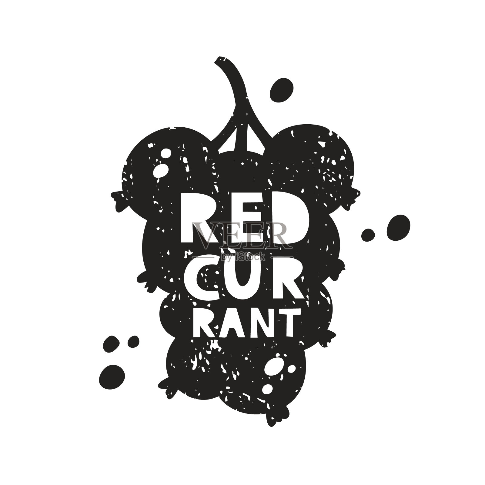 红醋栗垃圾贴纸。黑色纹理剪影与字母内部。仿邮票，印有磨损插画图片素材