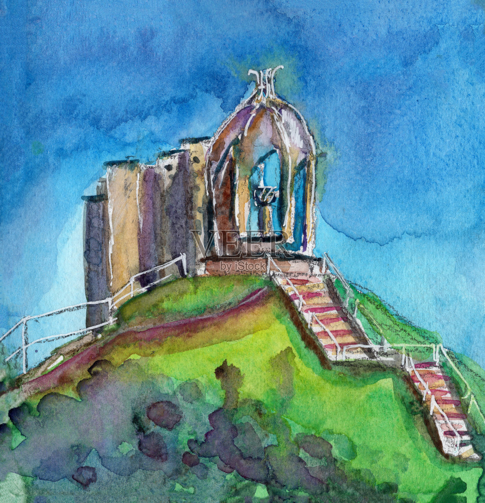 山上凹室的全景景观。手绘城市水彩素描。城市风景和蓝天。绿色的草。夏天或春天。自然与生态。为明信片，海报和打印的模板插画图片素材