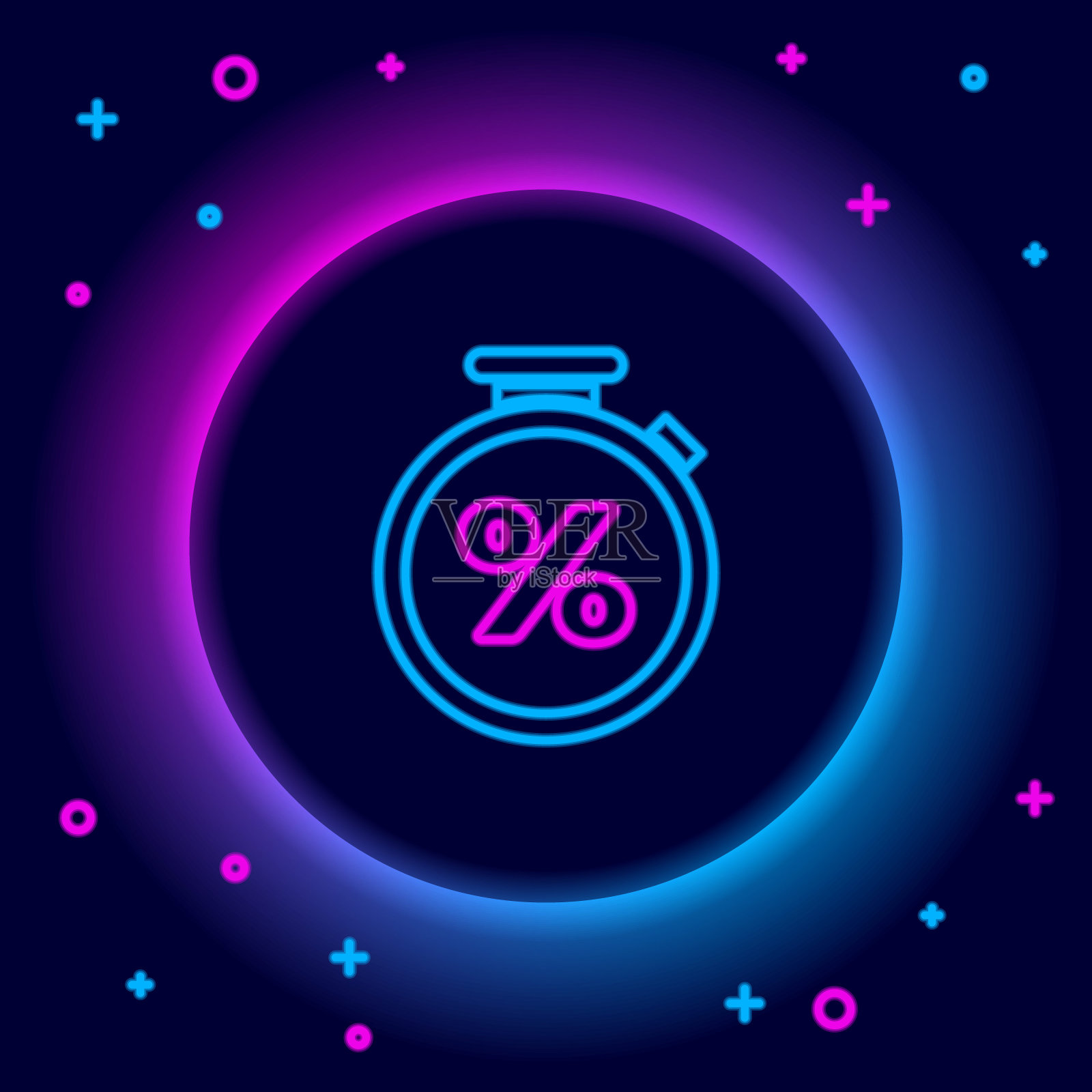 发光的霓虹灯线秒表和百分比折扣图标孤立在黑色背景。时间计时器的迹象。色彩斑斓的轮廓的概念。向量插画图片素材