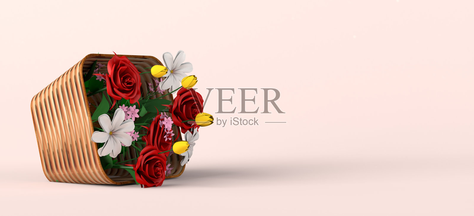 柳条篮与春天的花在白色的背景。副本的空间。3 d演示。照片摄影图片