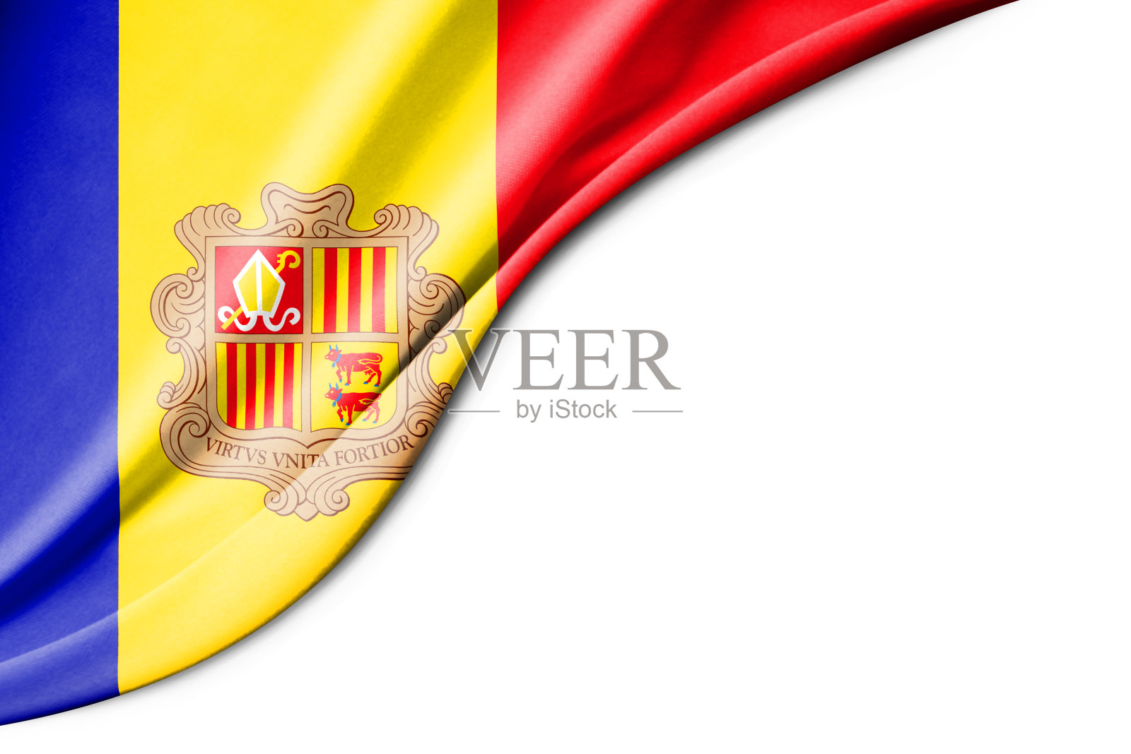 安道尔共和国国旗。3 d演示。与白色背景空间的文本。照片摄影图片