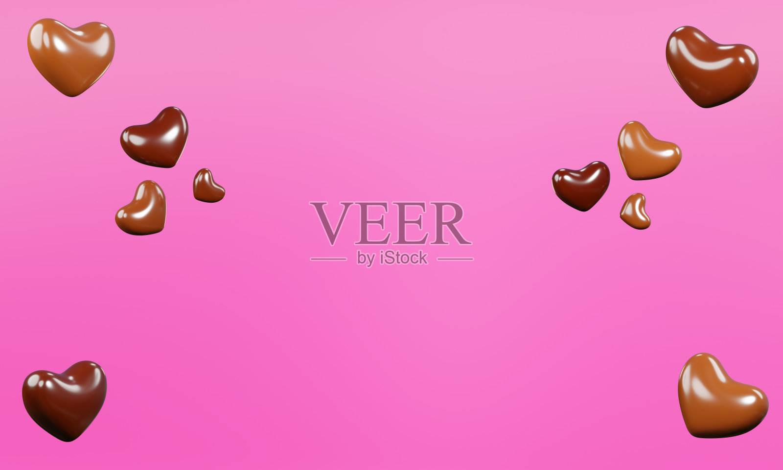 巧克力爱心，心形糖果落在粉色背景上，3D渲染，情人节巧克力背景照片摄影图片