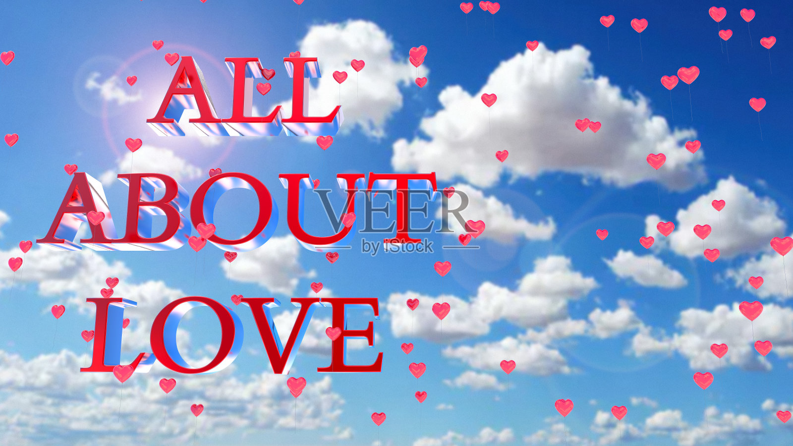 红心气球在天空中带着文字照片摄影图片