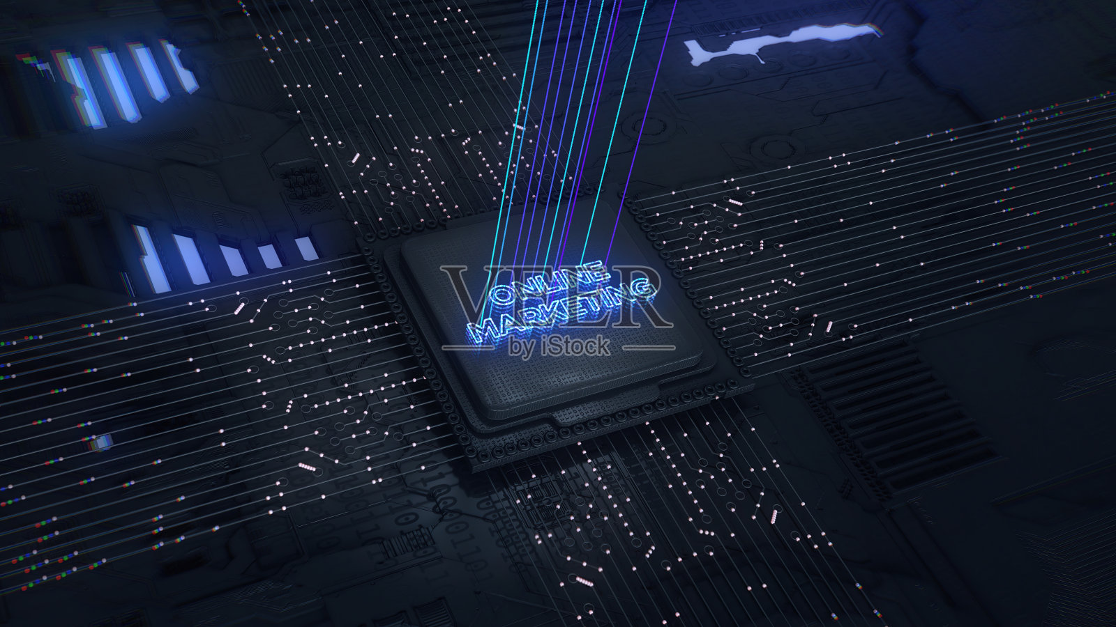 网络营销。数字未来文本先进技术概念可视化:电路板CPU处理器微芯片启动人工智能神经网络和云计算数据的数字化。照片摄影图片