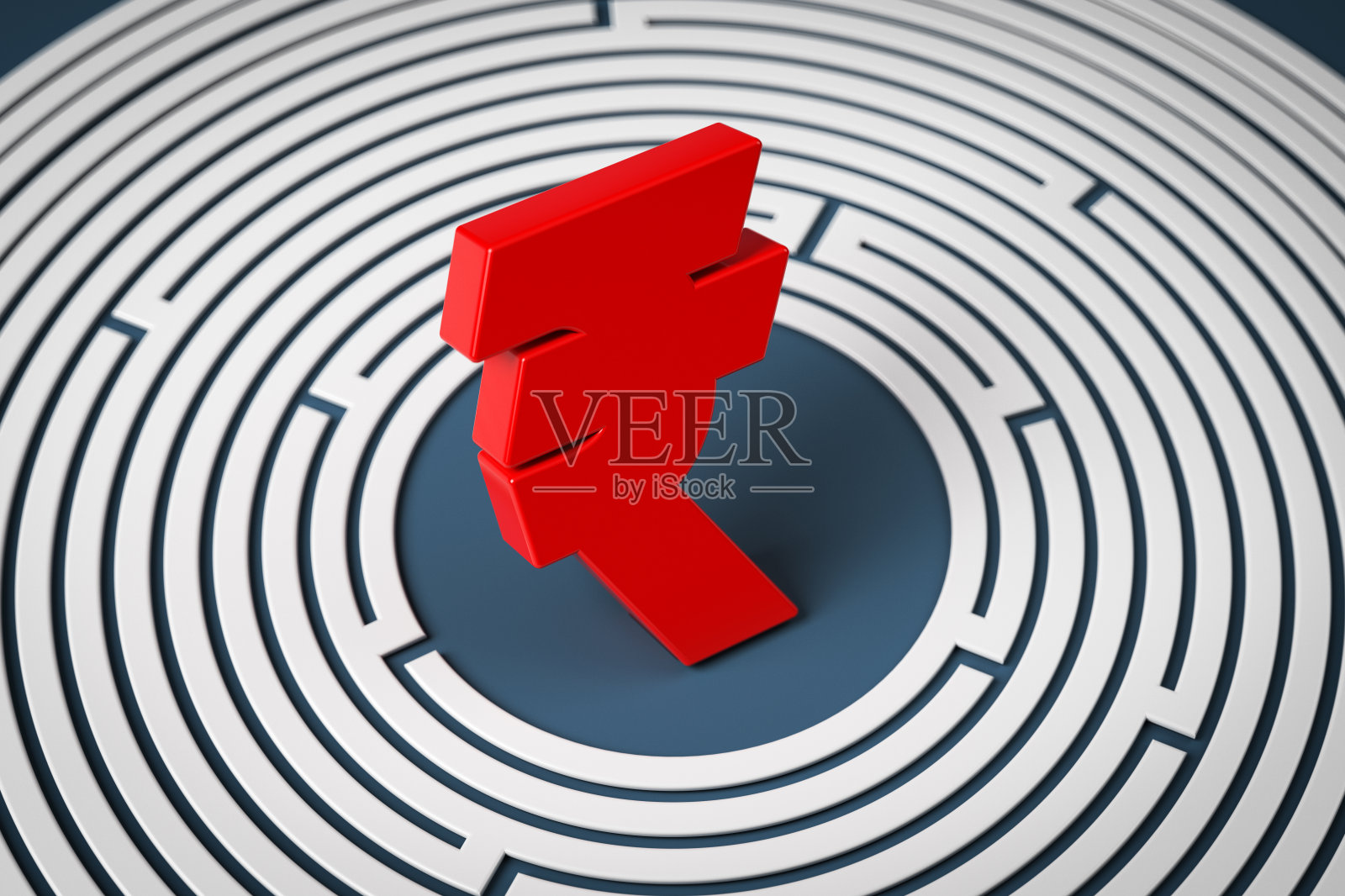 红色的卢比符号和白色的圆形迷宫。照片摄影图片