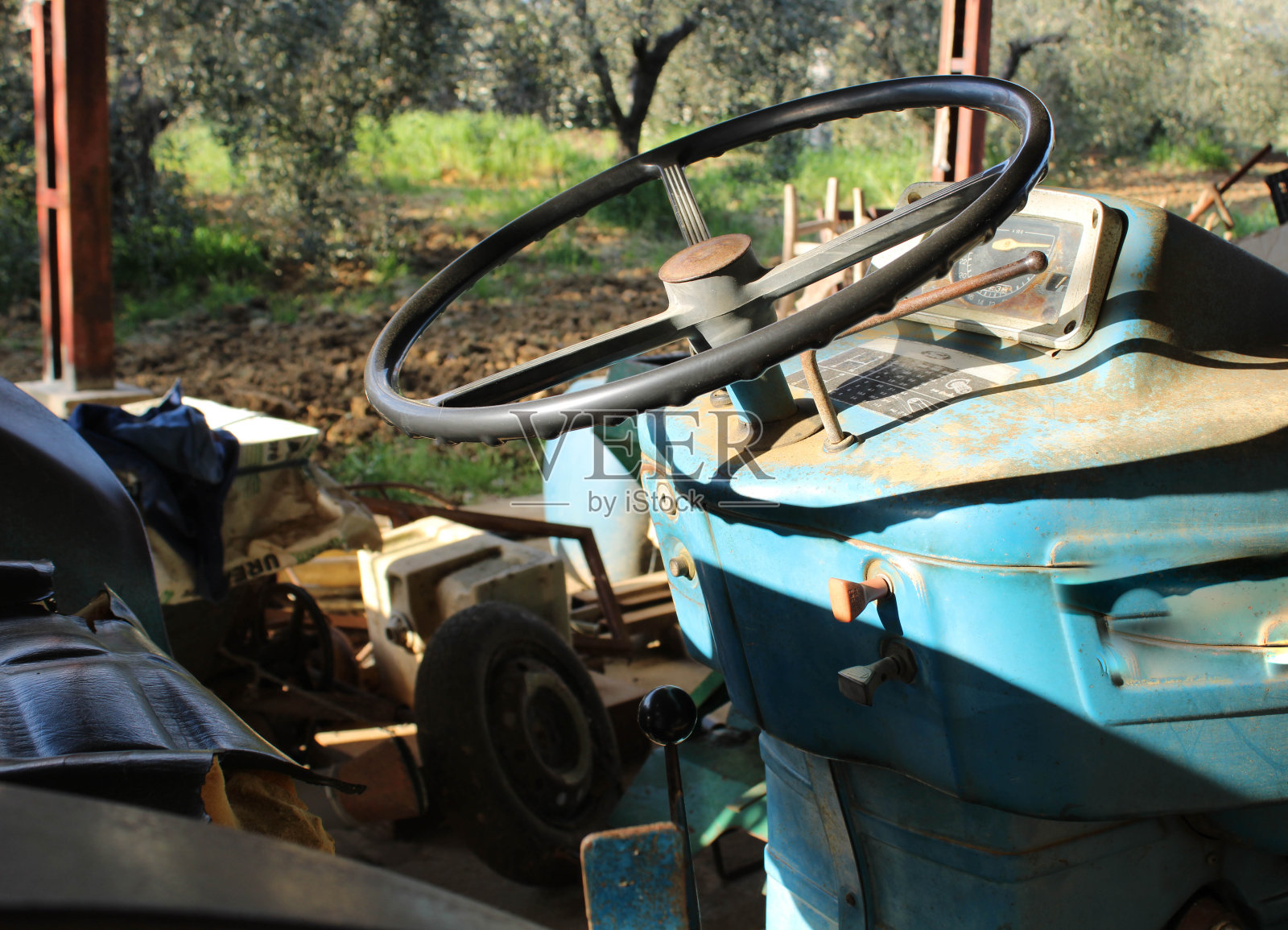 从近处看到的老式蓝色拖拉机的方向盘。背景是托斯卡纳农场栽培的橄榄林。侧视图与方向盘，控制面板，变速箱，手刹和可调座椅。照片摄影图片