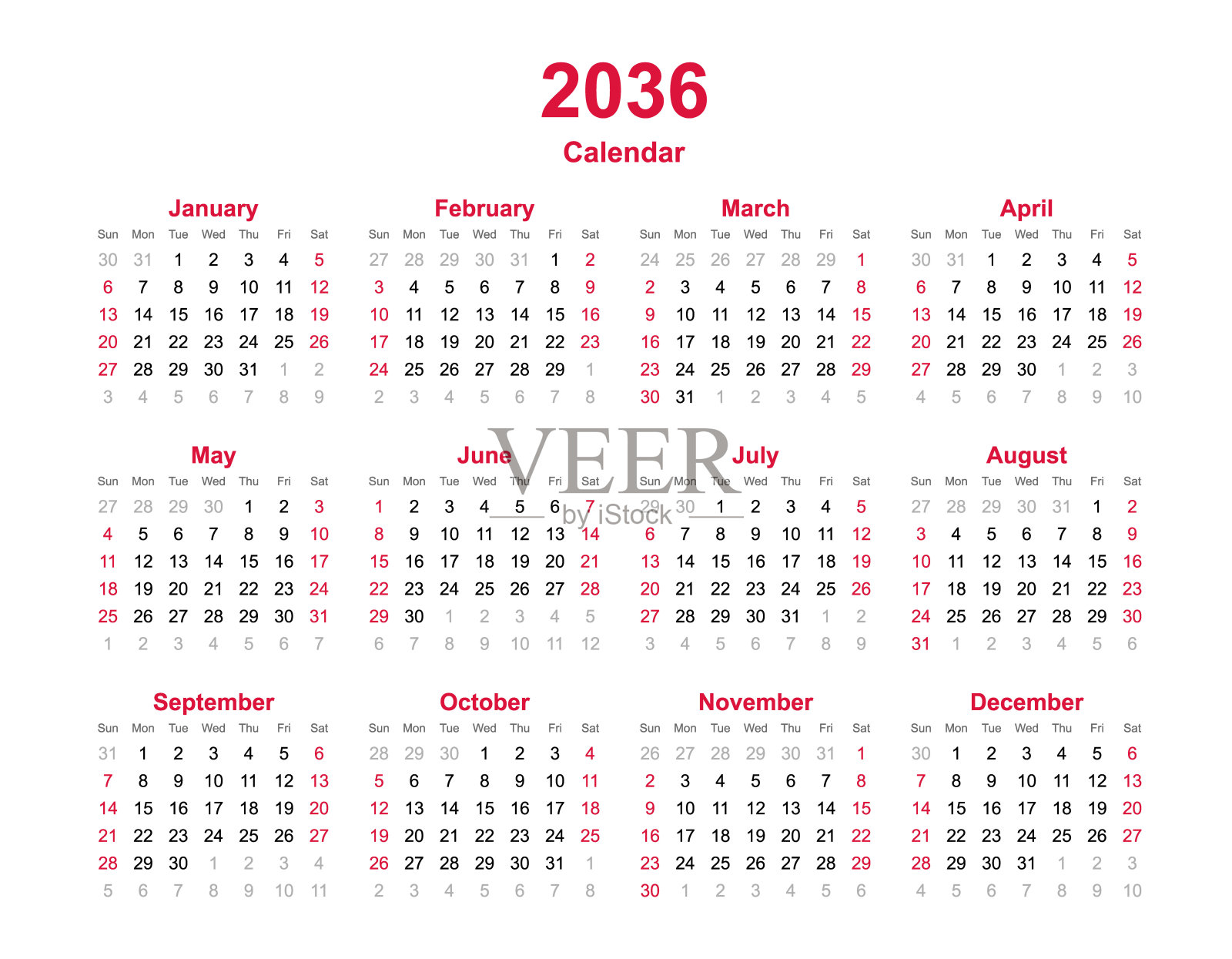 2036年日历。十二个月日历模板。设计模板素材