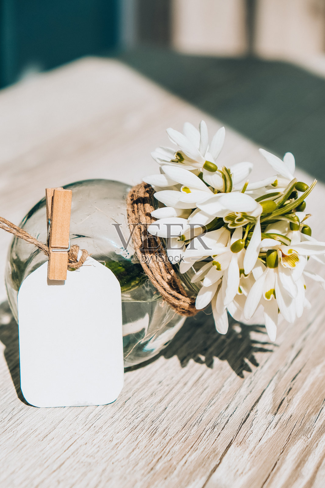 装在玻璃花瓶里的雪花莲花束。文本的复制空间。早春的花。使用标签进行模拟照片摄影图片