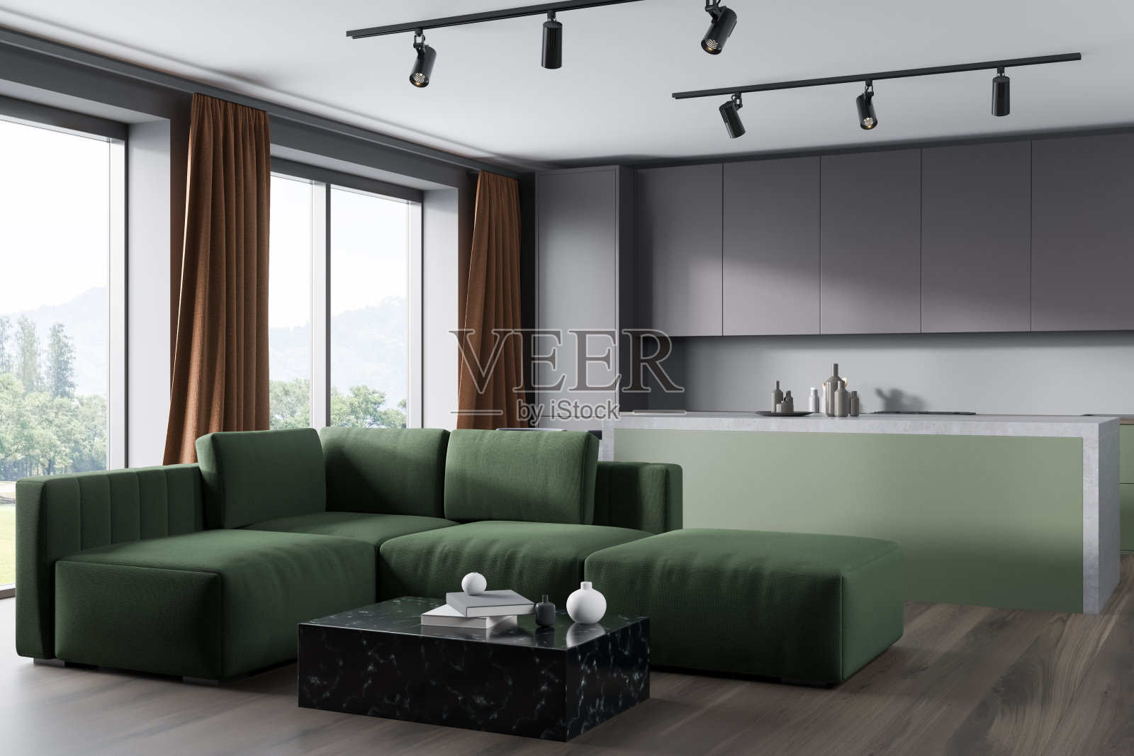 现代厨房内部与沙发和咖啡桌，架子和厨房用具照片摄影图片