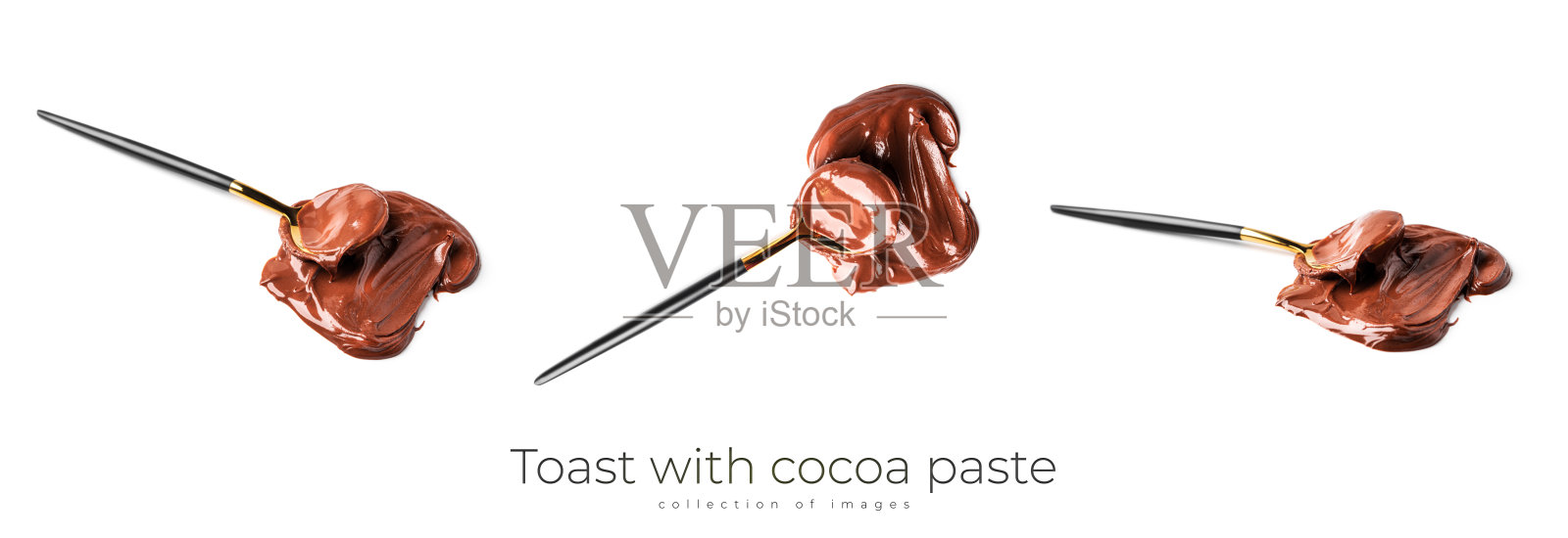 可可糊在勺子孤立的白色背景。巧克力酱照片摄影图片