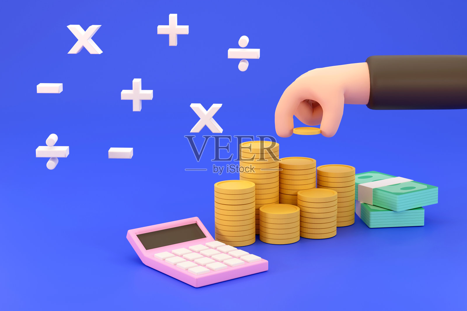 卡通手把硬币放到钱梯上。赚钱。为商业和金融概念。照片摄影图片