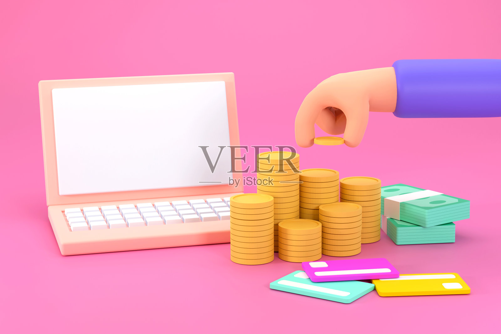 卡通手把硬币与平板电脑的钱。赚钱。为商业和金融概念。照片摄影图片