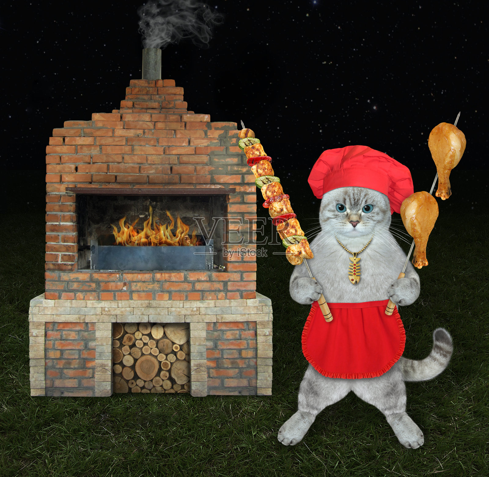 灰色的猫，围着红色的围裙，拿着串着肉的烤肉串照片摄影图片