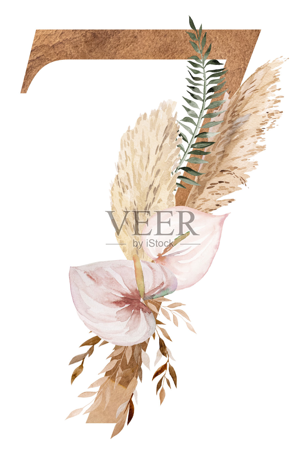 用干树叶和热带花朵装饰的7号水彩，波希米亚插图插画图片素材