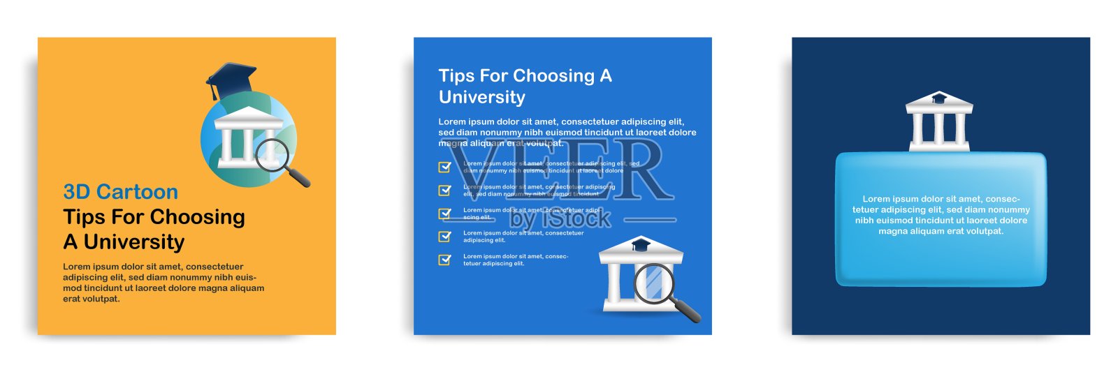 3 d卡通风格。社交媒体信息性选题学校校报贴横幅模板布局设计。大学建筑有上限和放大的概念插画图片素材