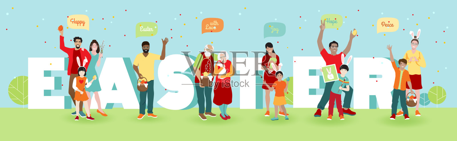 复活节快乐与爱，欢乐，希望，和平问候矢量横幅。插画图片素材