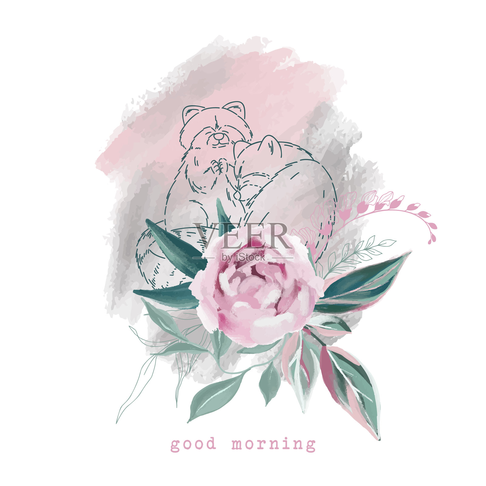 动物夫妇与花束彩绘插画图片素材