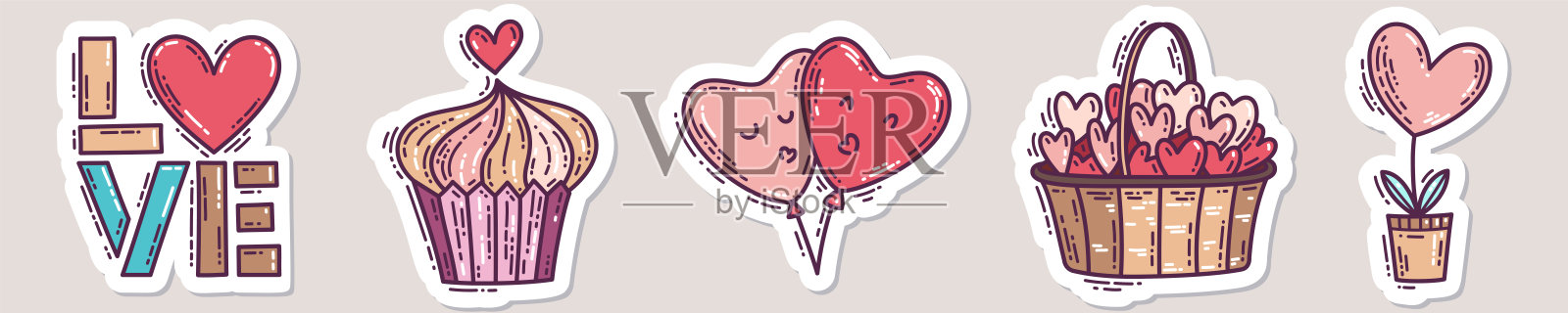 一套带有简单雕刻效果的情人节手绘涂鸦贴纸设计元素图片