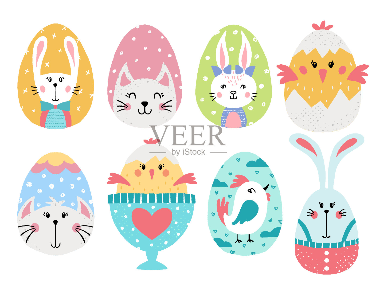 复活节彩蛋兔子，兔子，猫，鸡插画图片素材