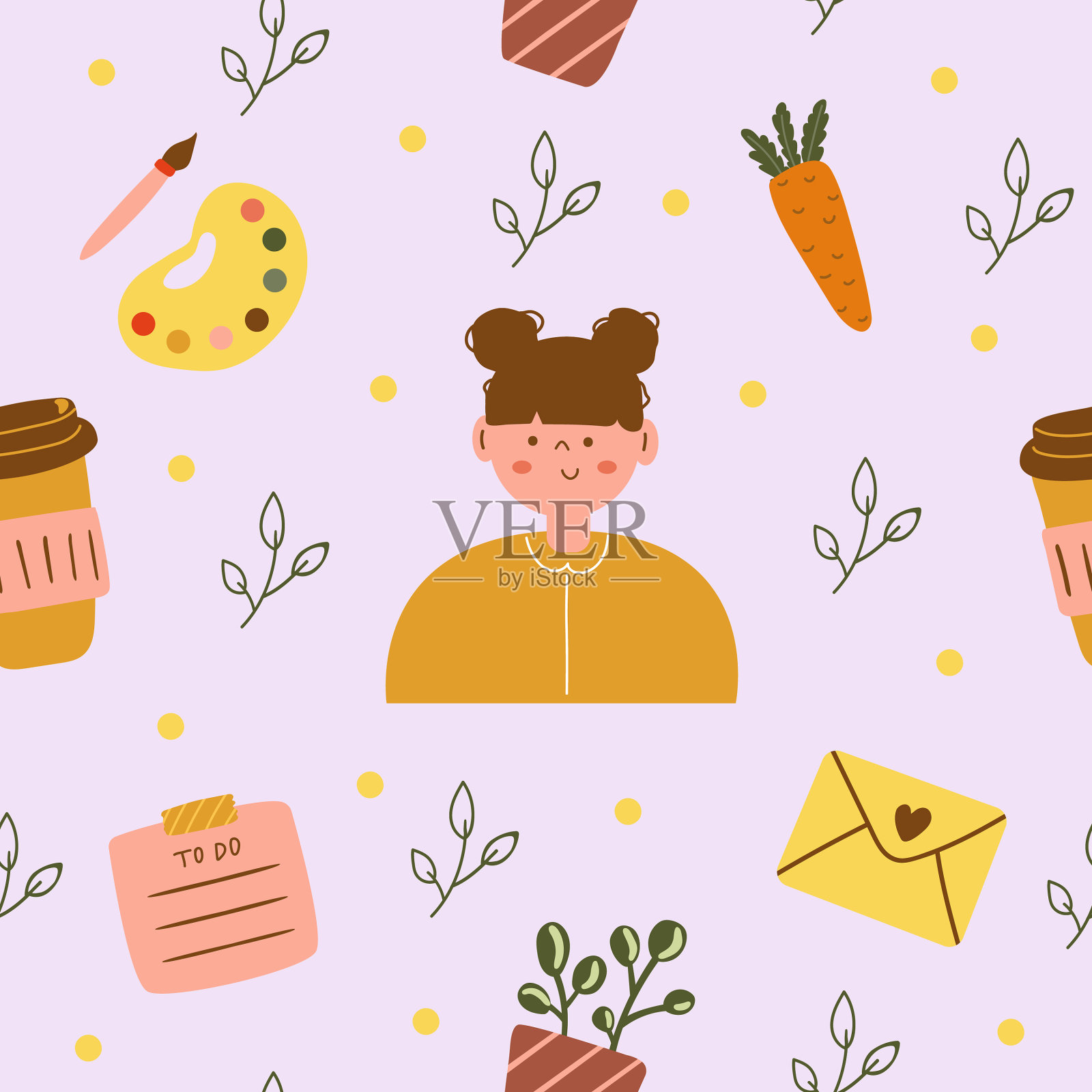 可爱的无缝图案，有女孩，植物，待办事项清单等。平坦的插图。插画图片素材