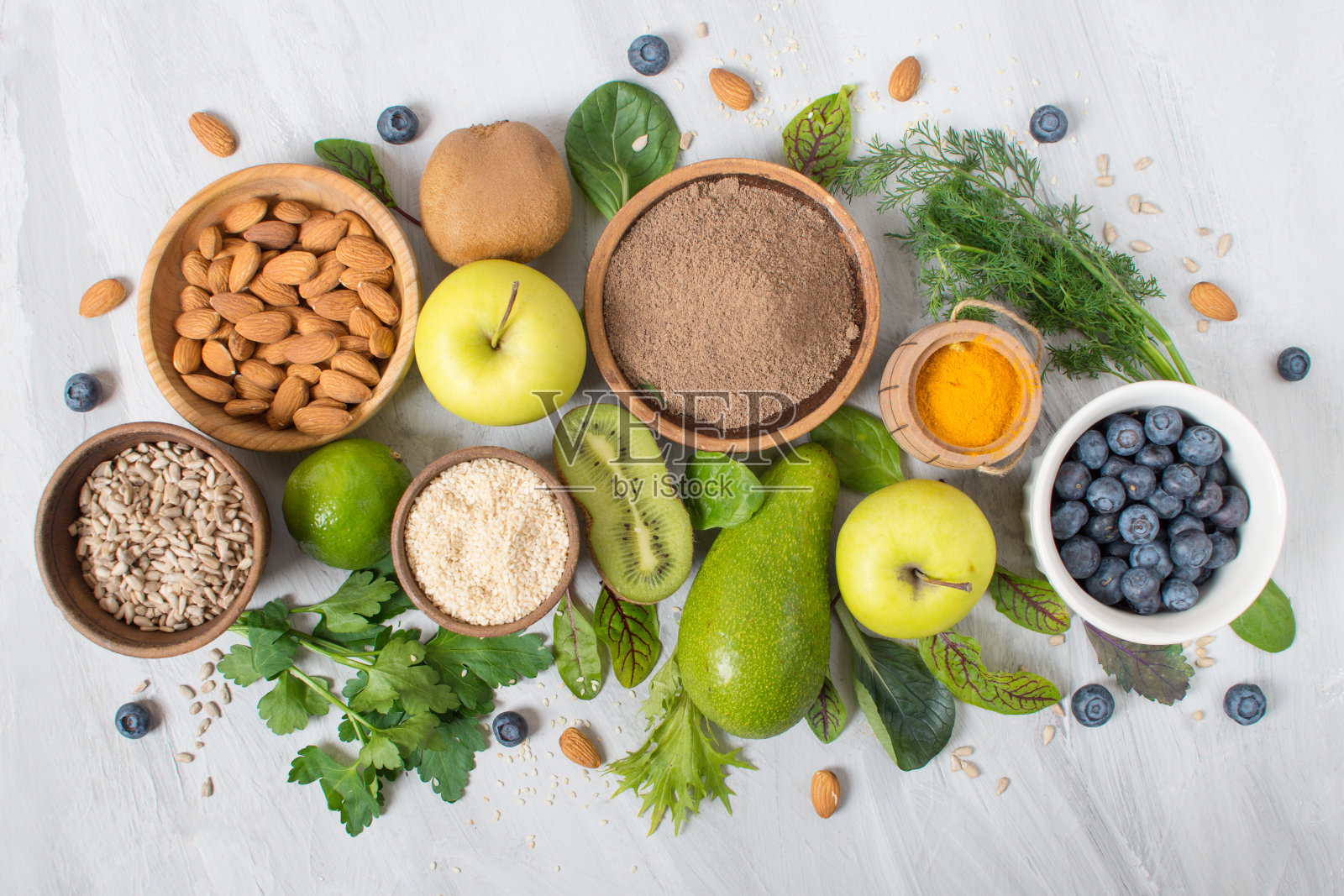 健康食品选择清洁食品:水果、蔬菜、种子照片摄影图片