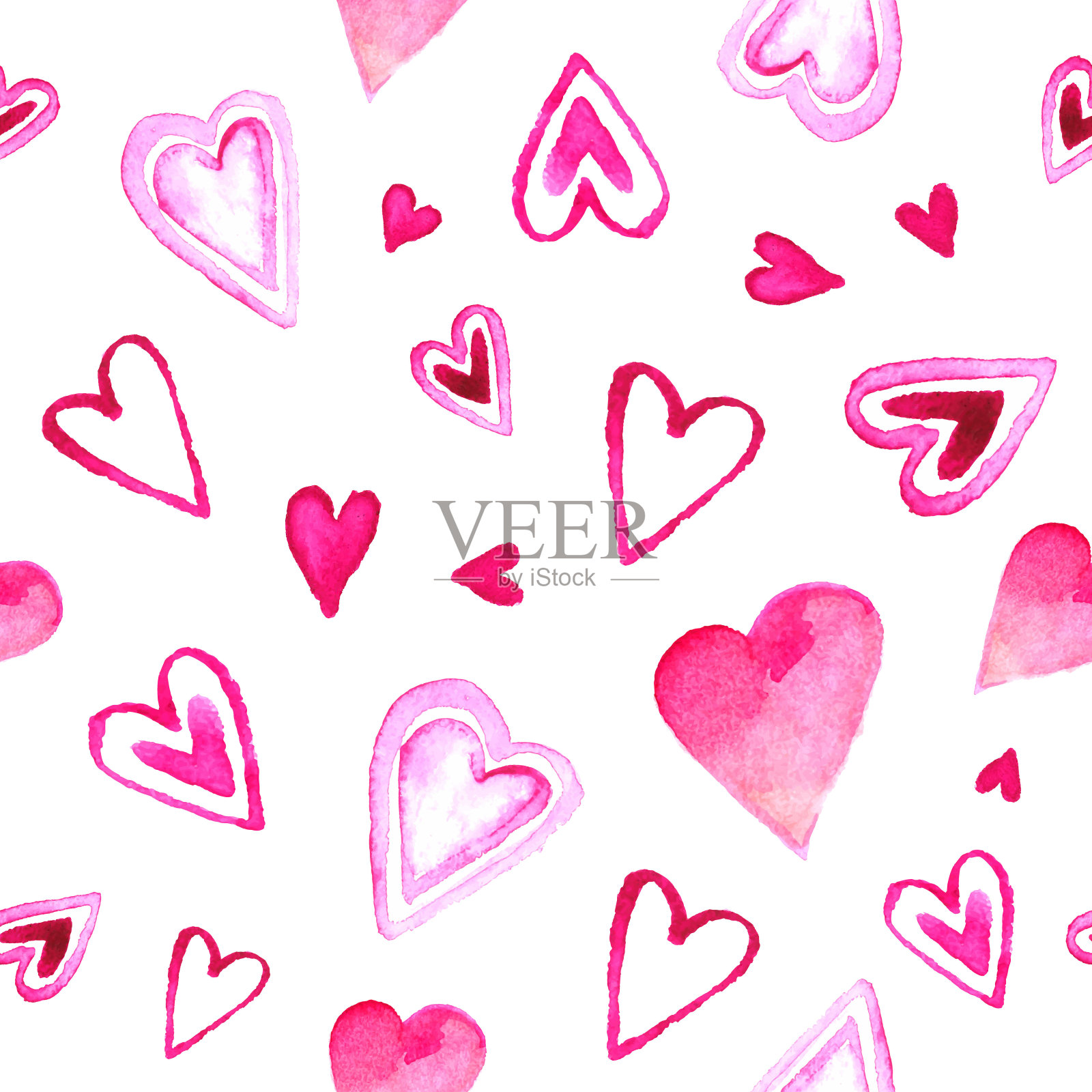 水彩粉红色的心在白色的背景。光无缝图案背景，墙纸，包装纸，织物和纺织品。情人节快乐。插画图片素材