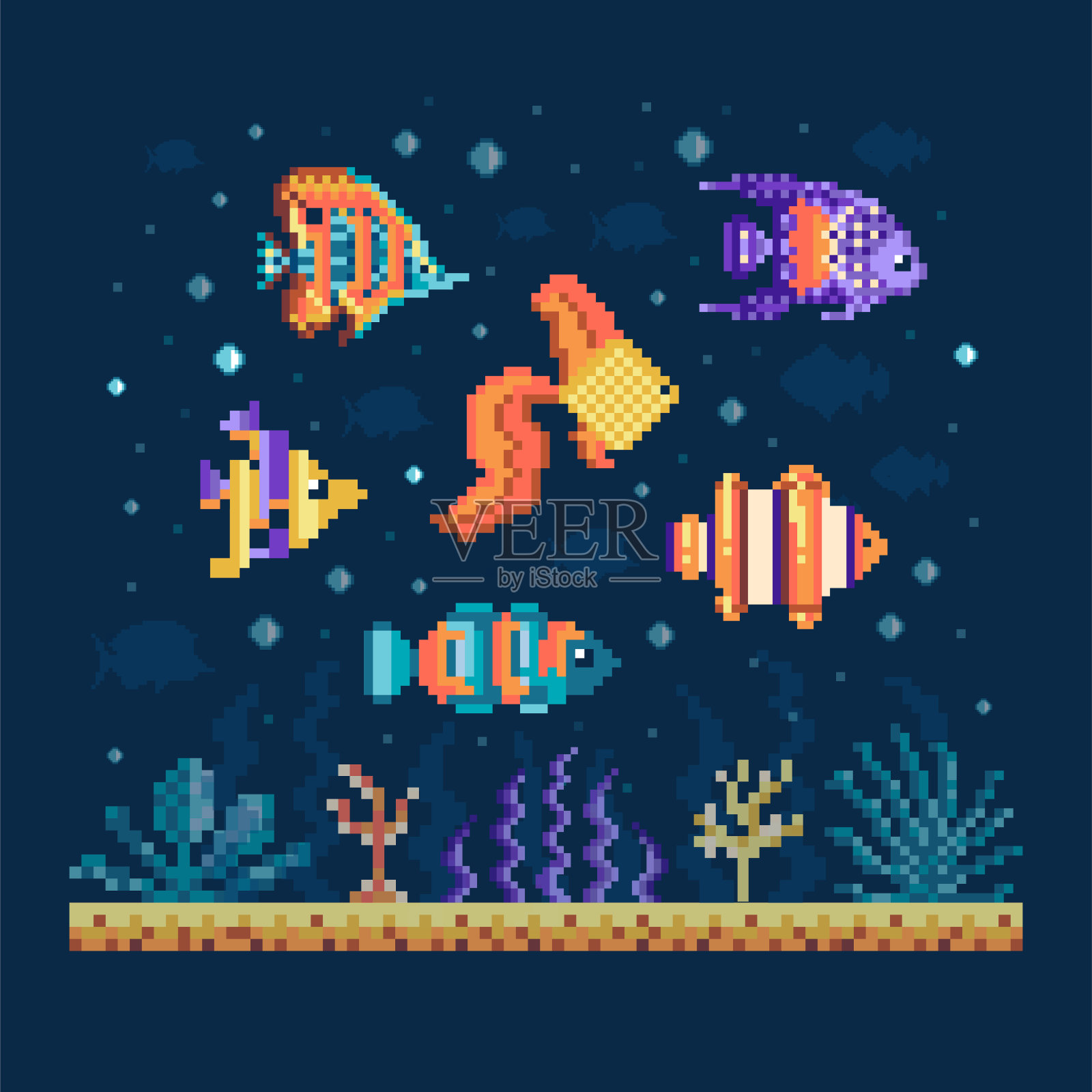 像素艺术鱼类在海底水下景观插画图片素材