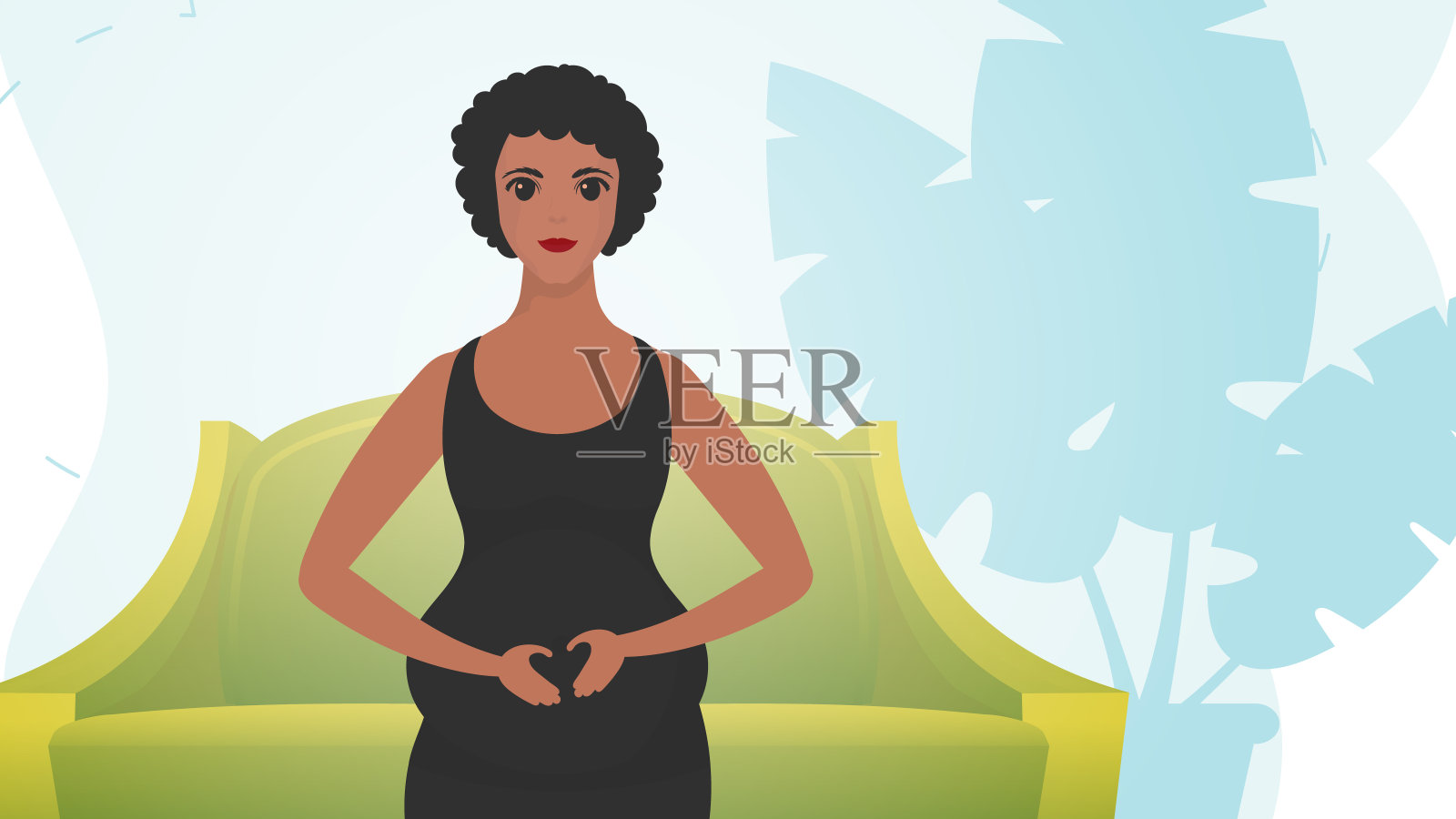 一个孕妇抱着她的肚子。一位年轻的母亲正在等待新生儿。柔和的颜色。向量。插画图片素材