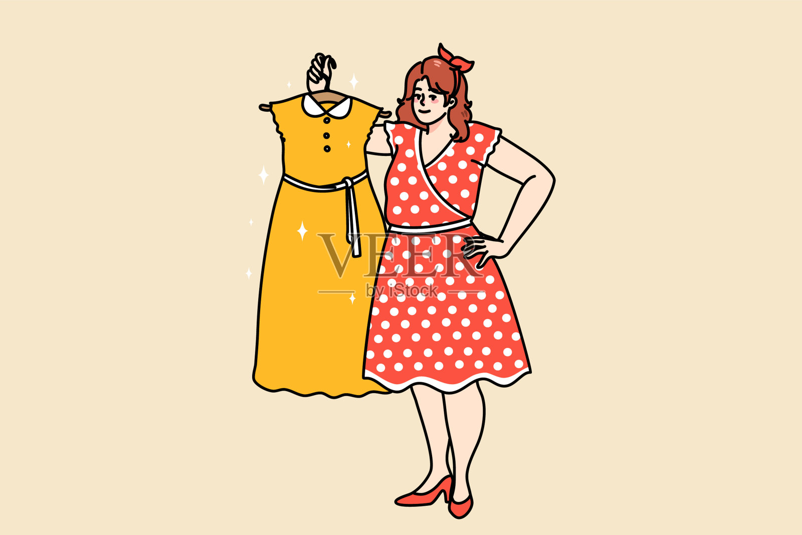 超重的女人把衣服挂在衣架上插画图片素材