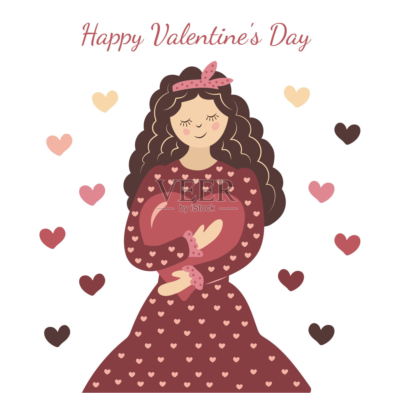 一个打扮可爱的女孩手里拿着一颗心。情人节快乐。一个年轻的女人给了她爱。设计模板素材