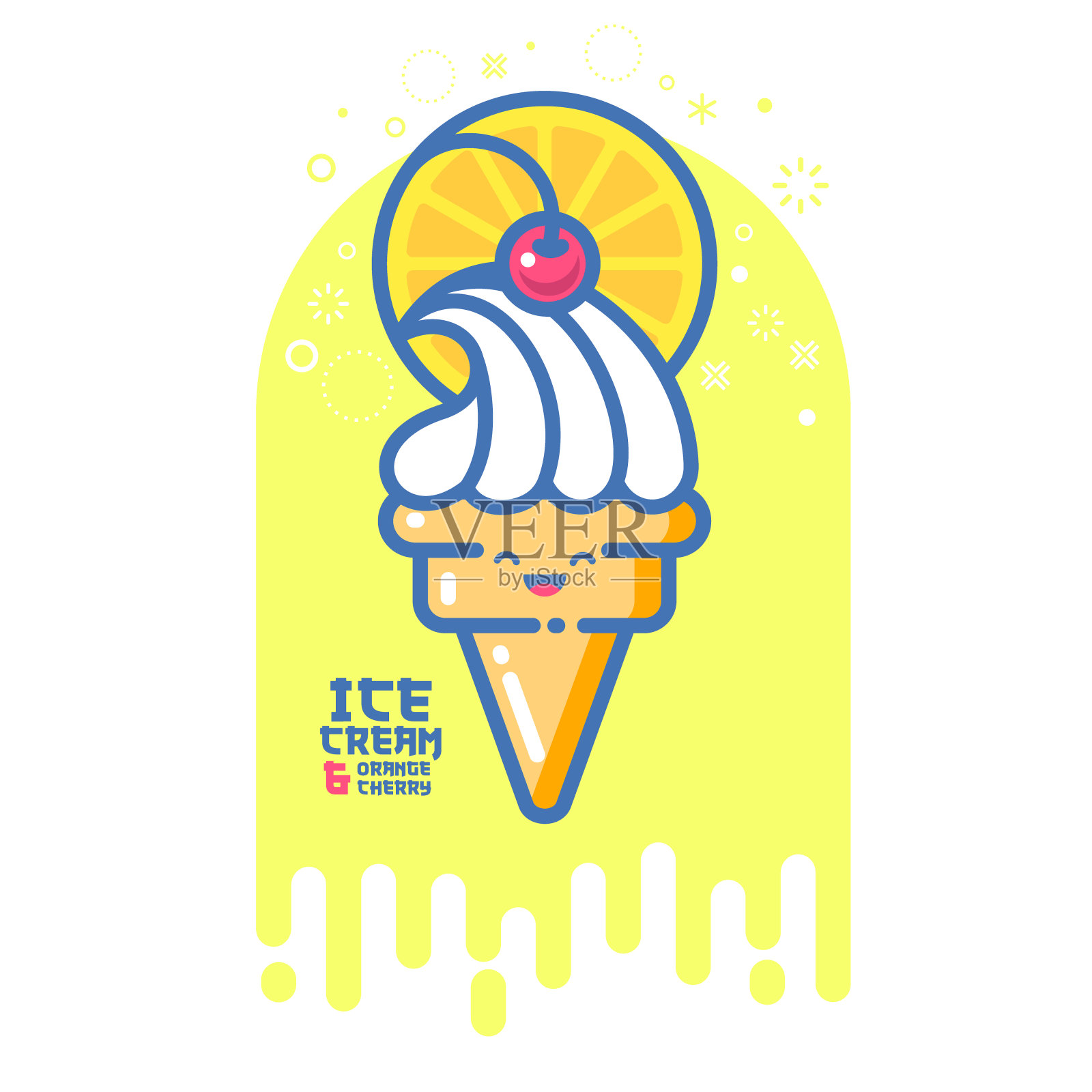 日本风格的可爱表情。冰淇淋插图。白色iсe奶油配橙果和樱桃。插画图片素材