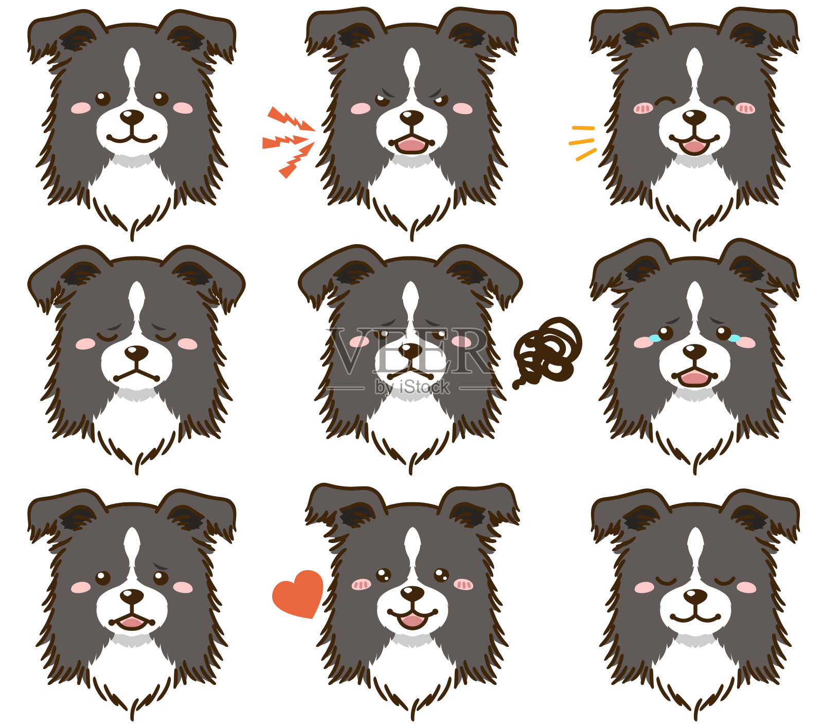 拥有多种面部表情的设得兰牧羊犬(黑白)插画图片素材