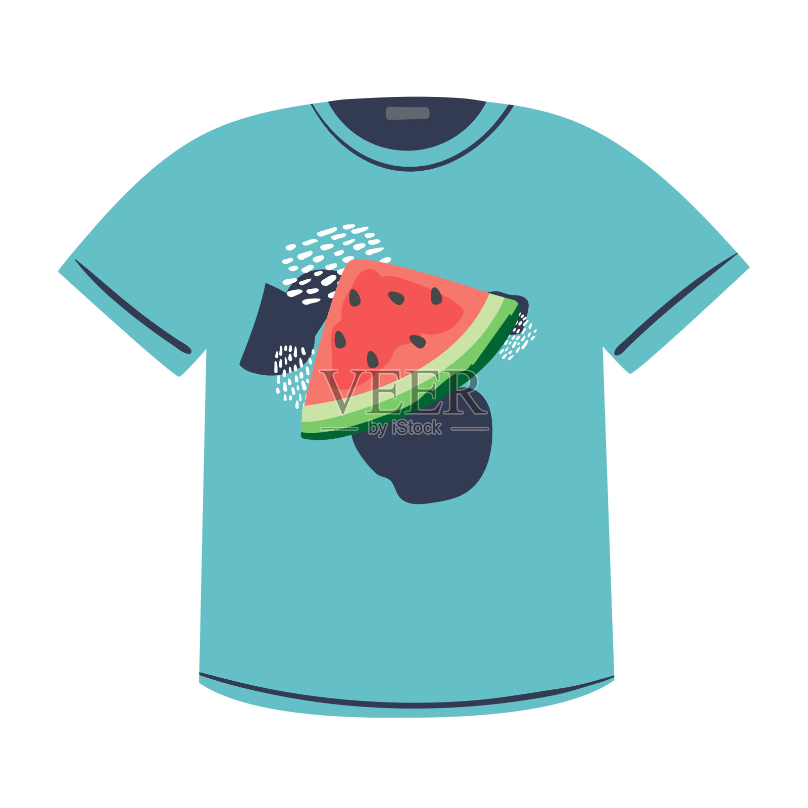 t恤设计模板。前视图。西瓜图案休闲t恤。蓝色，孤立在白色上，手绘，平面卡通插画图片素材