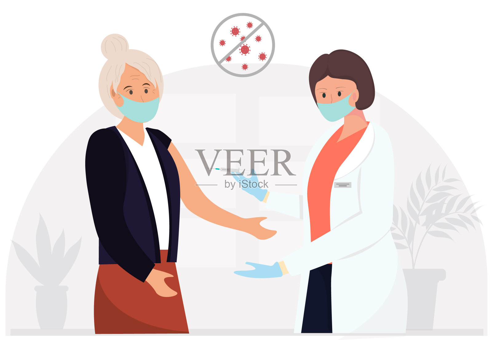 老年妇女正在接种新冠肺炎疫苗。医生为老年妇女接种疫苗，医生或护士注射预防冠状病毒感染，保健和医学概念，平面矢量插图插画图片素材