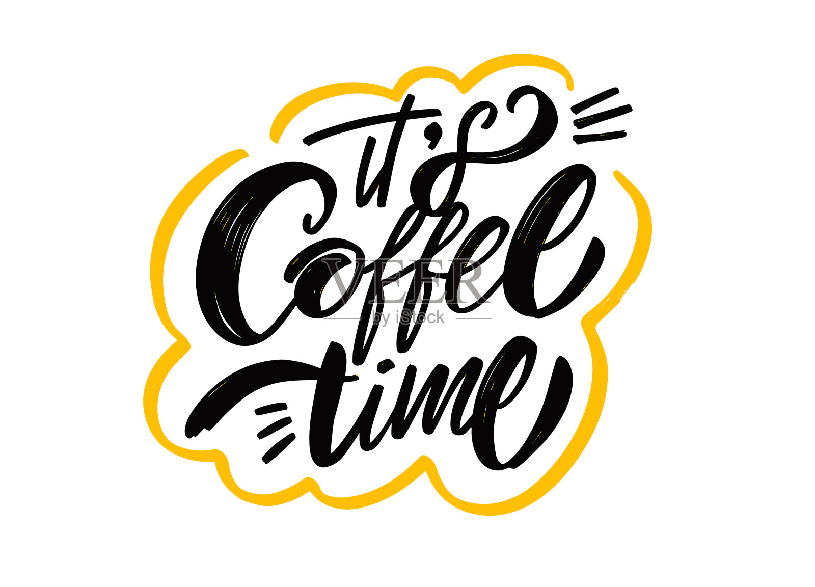 咖啡时间到了。手绘黑色文本和黄色框架。现代书法的短语。插画图片素材