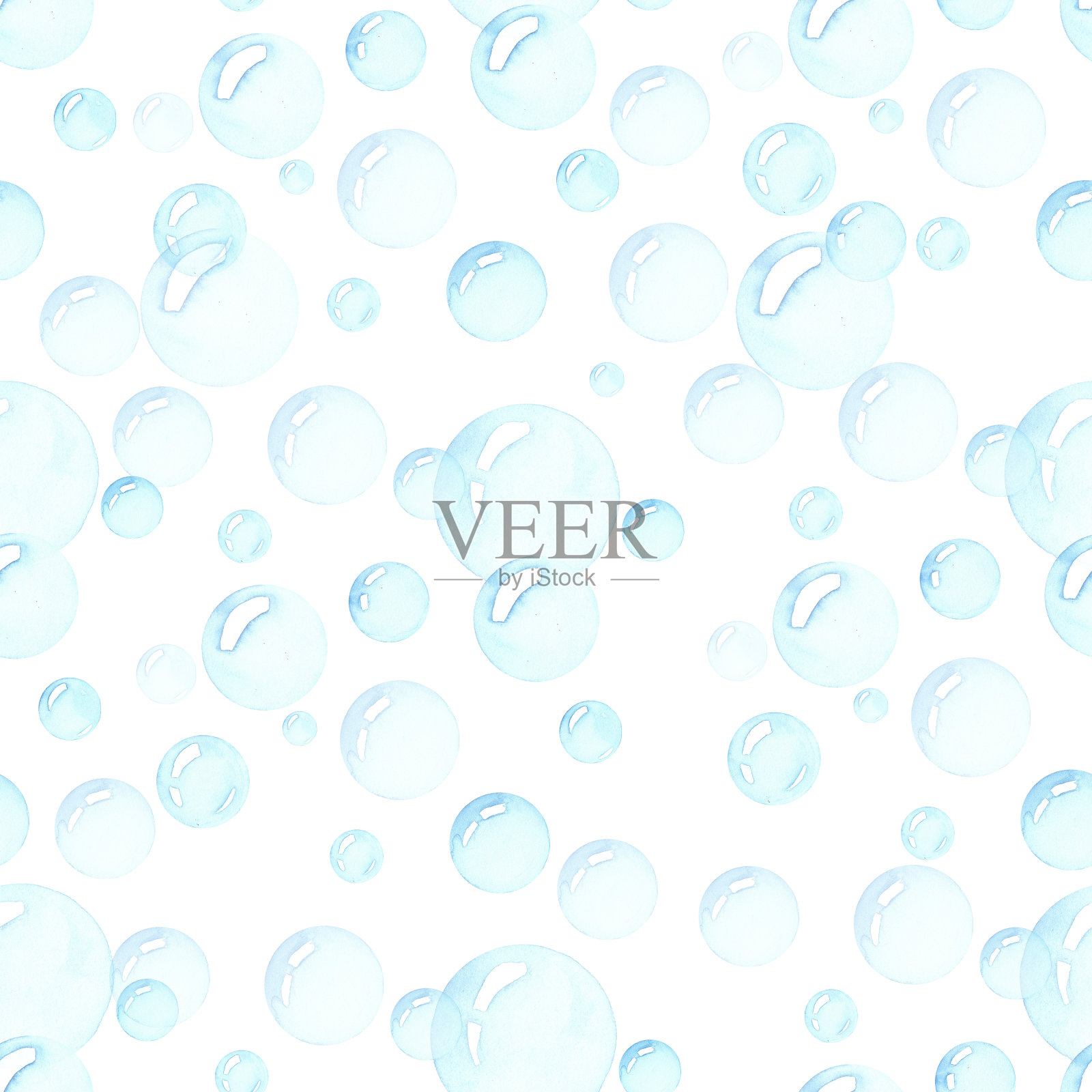 无缝的图案逼真的水彩肥皂泡，空气飞行灯泡设计孤立在白色背景。插画图片素材