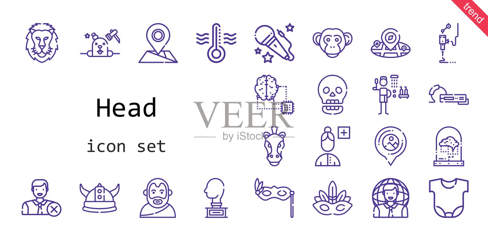 头图标集。行图标风格。头部相关图标如语音，亚里士多德，淋浴，眼罩，猴子，雕塑，3d打印机，大脑，身体，耳机，人工智能，狮子，马，幻影，添加用户，占位符图标素材