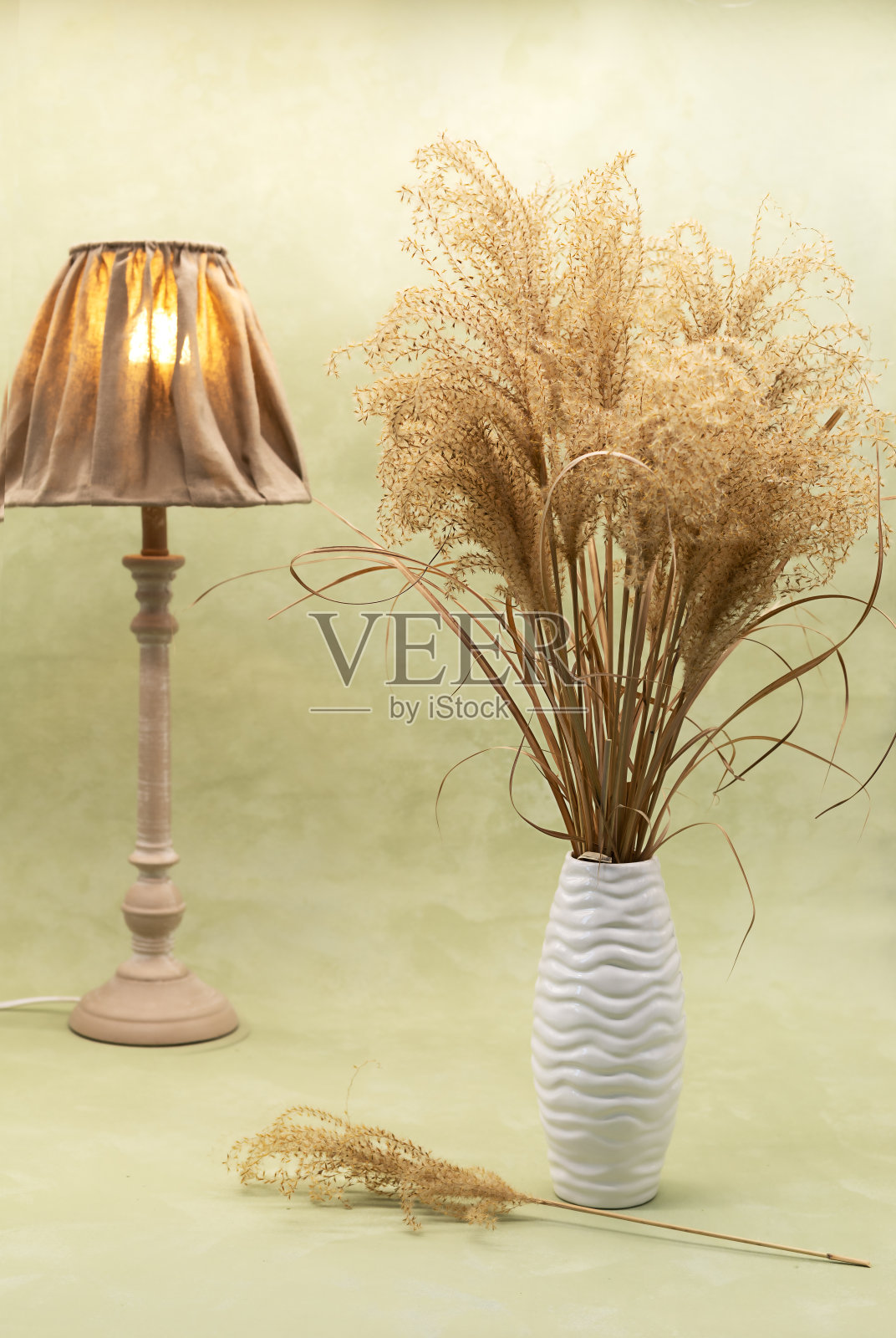 装在花瓶里的干花，橄榄色背景，波西米亚风格照片摄影图片