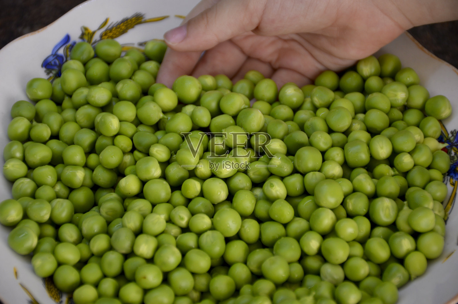 孩子的手拿起一把剥了皮的青豆照片摄影图片