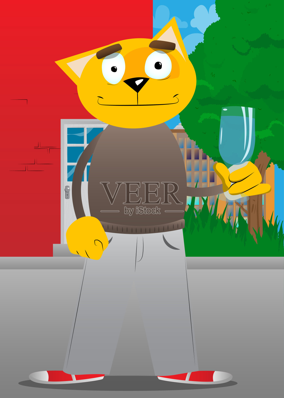 猫和一杯水。可爱的橘色、黄色毛发的小猫。设计元素图片