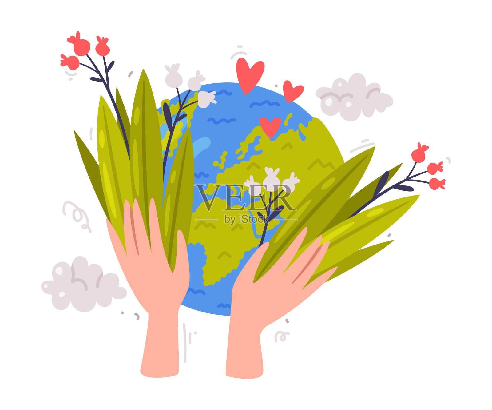 用人类之手关爱地球，绿色地球作为生态与环境保护矢量图插画图片素材