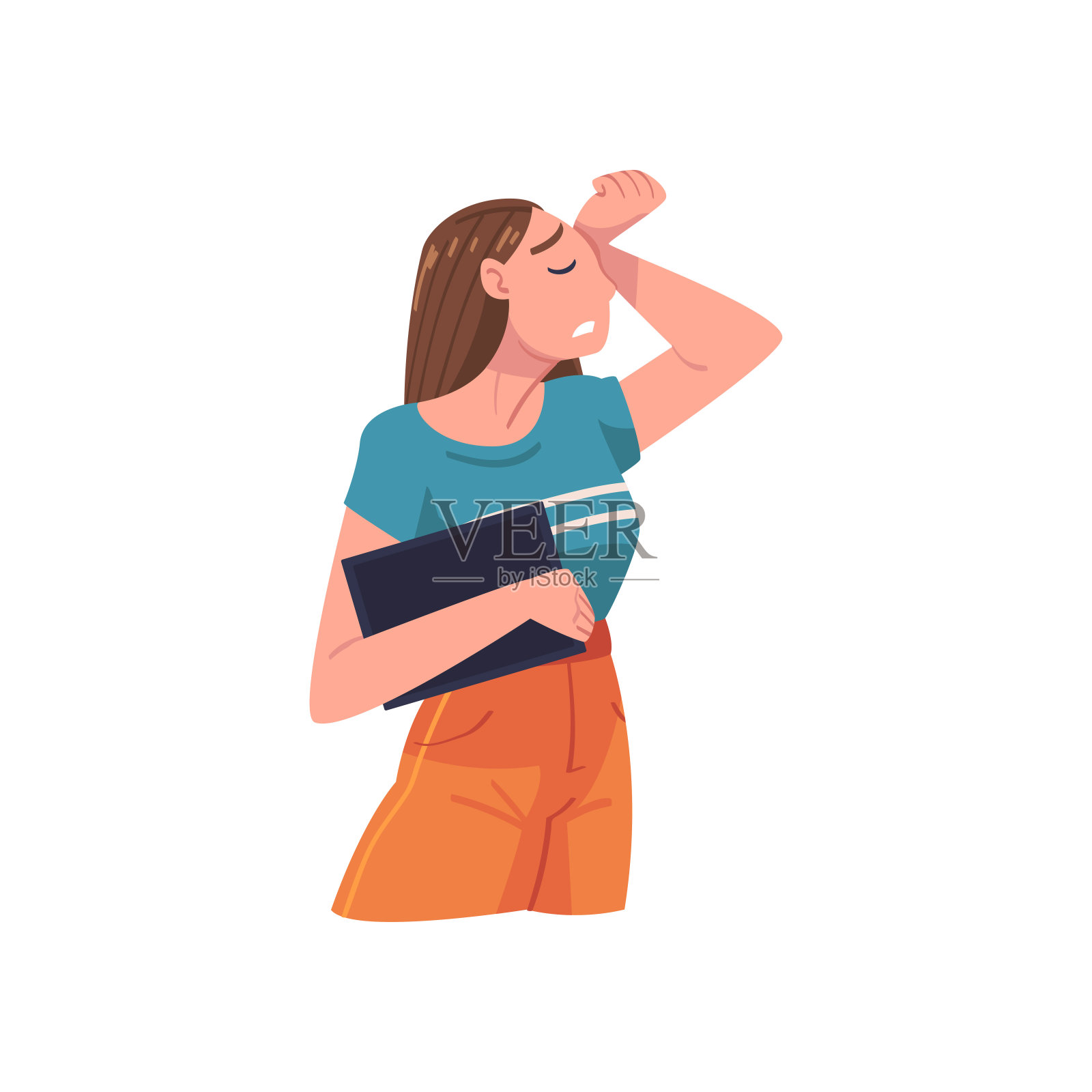 年轻女性角色在压力感觉疲惫和疲惫的矢量插图插画图片素材