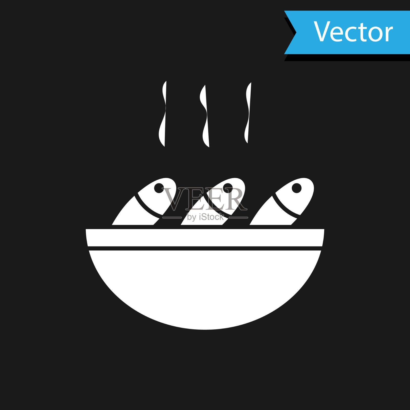 白色鱼汤图标孤立在黑色背景上插画图片素材