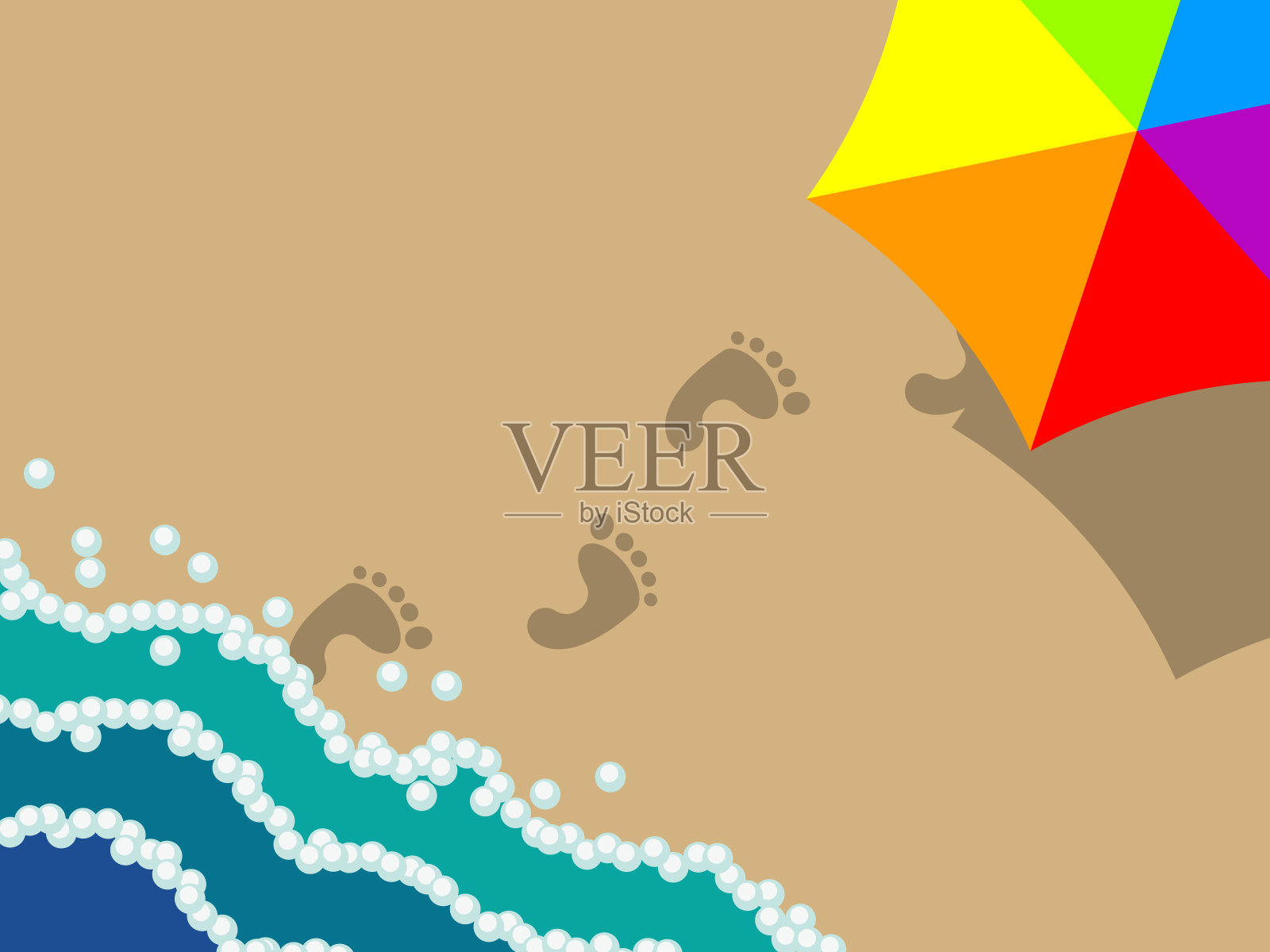 海浪在沙滩上翻滚，伞带着影子和脚印在沙滩上插画图片素材