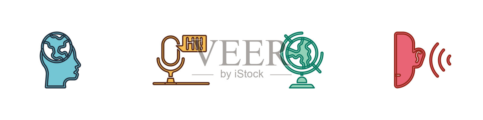 设置外语学习、麦克风语音装置、地球仪和听音信号图标。向量插画图片素材