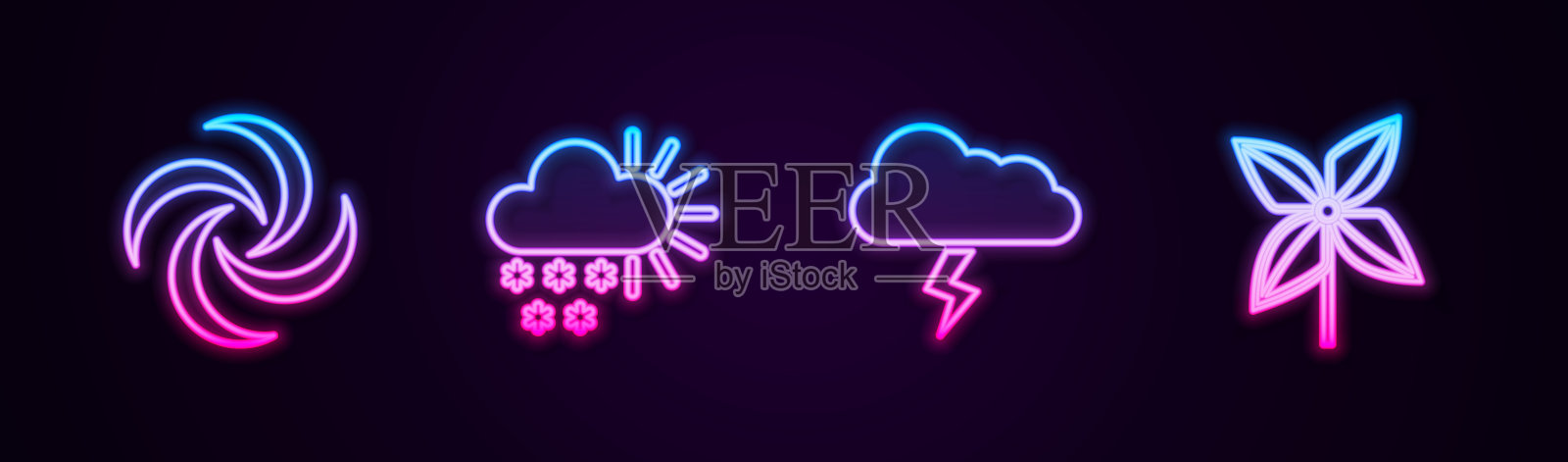 设置龙卷风，有雪的多云，风暴和风车。发光的霓虹灯图标。向量插画图片素材