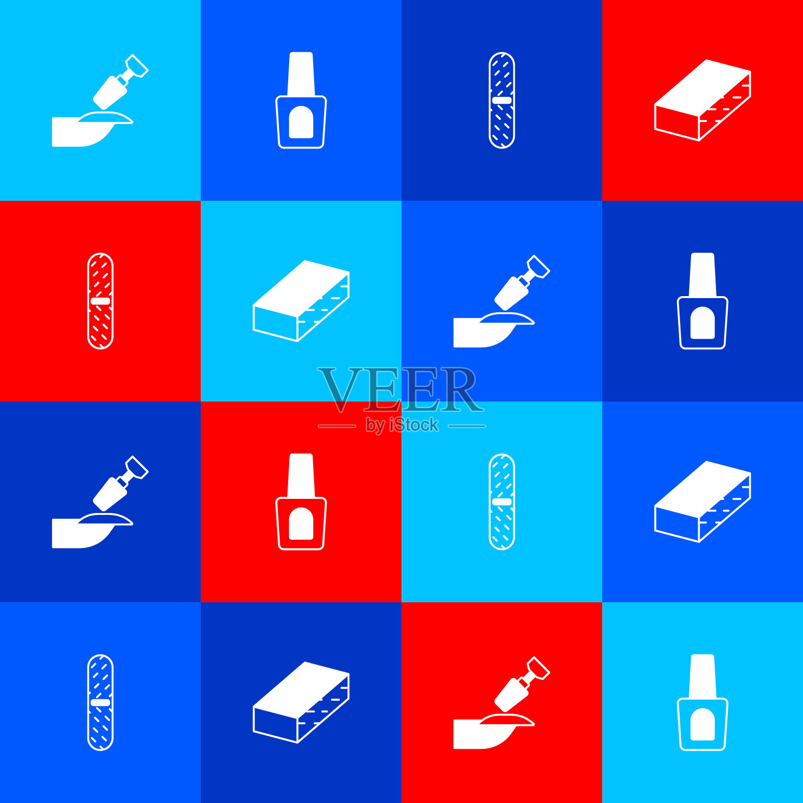 设置修甲铣刀，指甲油瓶，指甲锉刀和图标。向量插画图片素材