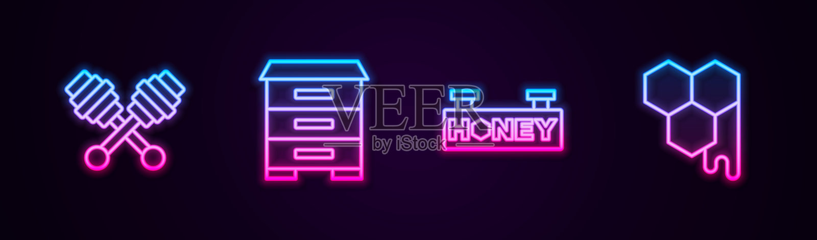 设“蜂蜜勺杆”、“蜂箱”、“蜂房”、“蜂窝”、“蜂房”等挂牌。发光的霓虹灯图标。向量插画图片素材