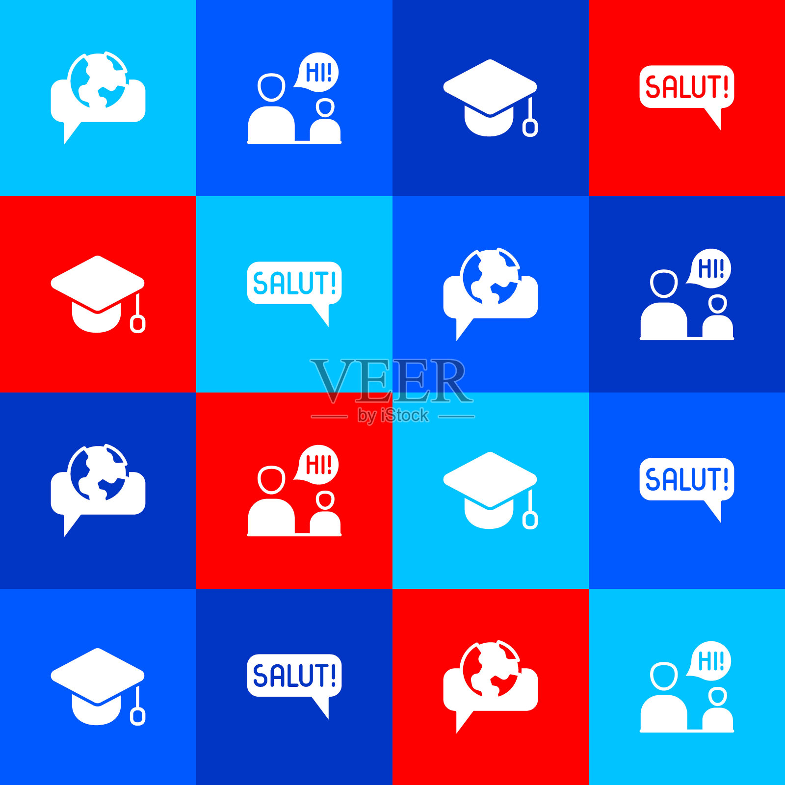 设置学习外语，两个坐着说话的男人，毕业帽和敬礼不同的图标。向量图标素材